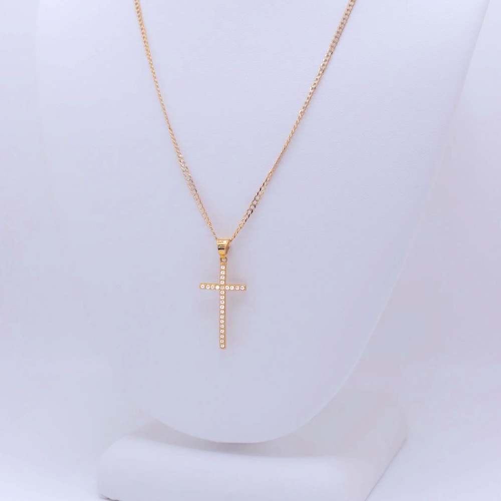 Unisex- 14K- Cross pendant with white cubic zirconia stones with a fine necklace
